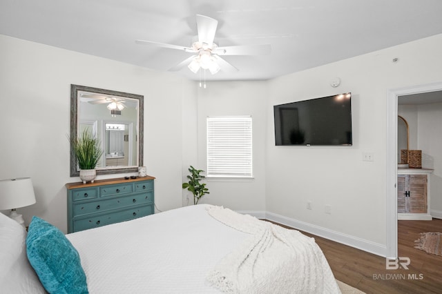 bedroom featuring dark wood-type flooring and ceiling fan