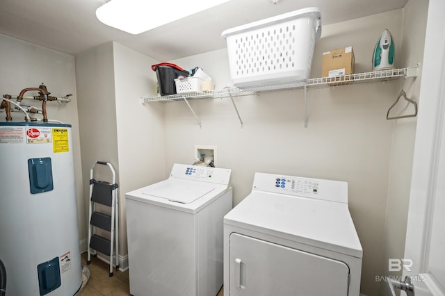 clothes washing area featuring electric water heater and washing machine and clothes dryer