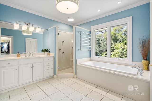 full bathroom with tile patterned flooring, a shower stall, a garden tub, ornamental molding, and vanity