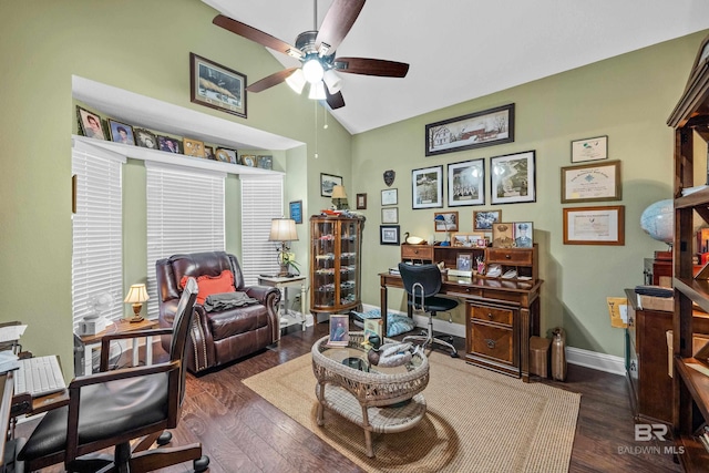 office with vaulted ceiling, ceiling fan, and dark hardwood / wood-style floors