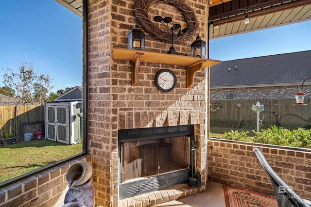 view of patio with a storage unit and an outdoor fireplace