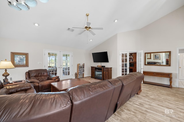 living room with french doors, recessed lighting, visible vents, ceiling fan, and light wood-type flooring