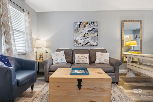 living area with baseboards and light wood-style floors