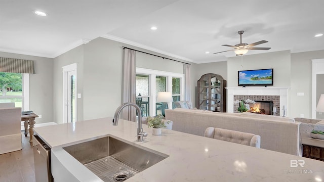 kitchen featuring a fireplace, dishwasher, sink, ornamental molding, and light hardwood / wood-style flooring