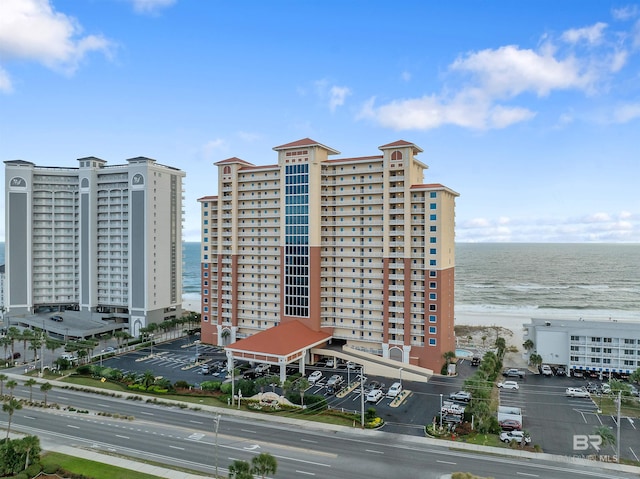 view of building exterior featuring a water view