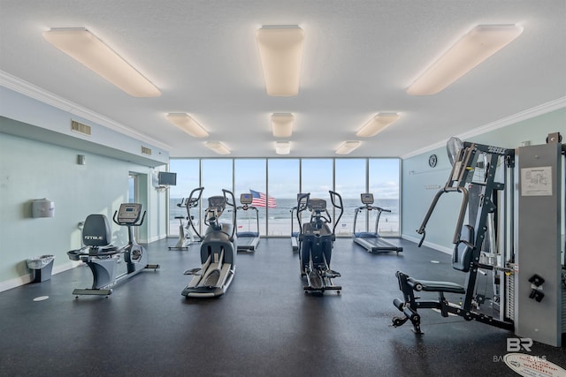 exercise room featuring ornamental molding, a textured ceiling, and floor to ceiling windows