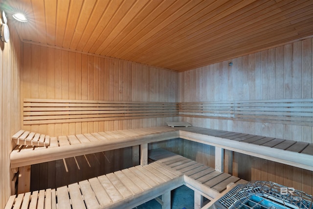 view of sauna / steam room with wood ceiling and wooden walls