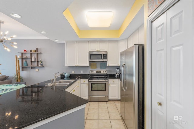 kitchen featuring sink, white cabinets, kitchen peninsula, and stainless steel appliances