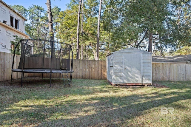 view of yard featuring a trampoline and a storage shed