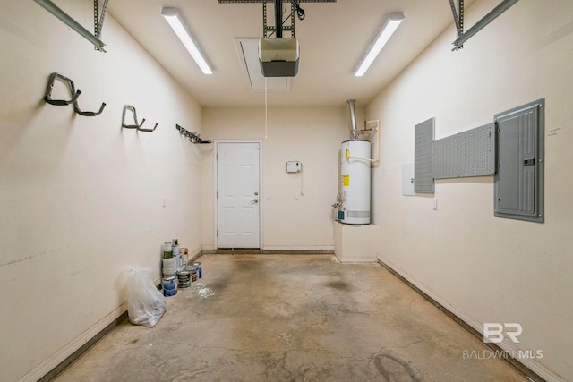 garage featuring electric panel, a garage door opener, and water heater