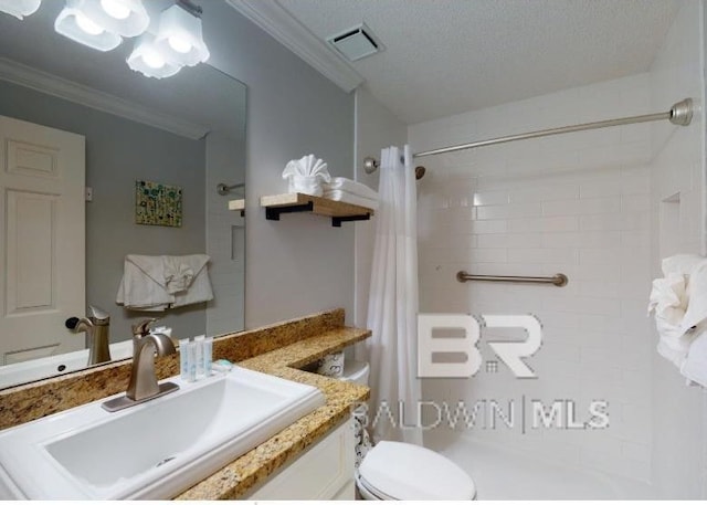527C Beach Club Trl Unit C-0104, Gulf Shores, AL 36542 - full bathroom featuring vanity, ornamental molding, a shower with curtain, and a textured ceiling