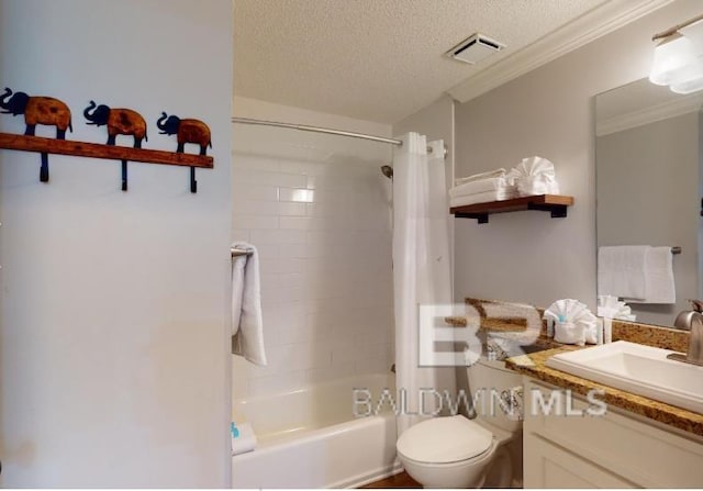 527C Beach Club Trl Unit C-0104, Gulf Shores, AL 36542 - bathroom with vanity, a textured ceiling, shower / bath combo with shower curtain, and crown molding