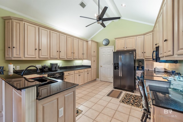 kitchen featuring visible vents, black appliances, light brown cabinetry, a peninsula, and light tile patterned floors