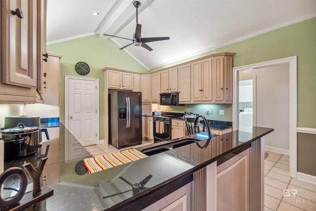 kitchen with light brown cabinets, black appliances, lofted ceiling with beams, washer / clothes dryer, and a ceiling fan