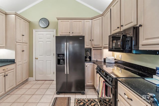 kitchen featuring crown molding, lofted ceiling, dark stone countertops, light tile patterned flooring, and black appliances