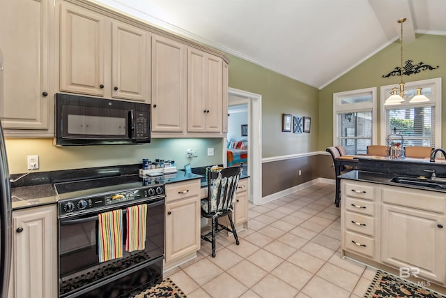 kitchen with black appliances, a sink, light tile patterned floors, vaulted ceiling, and hanging light fixtures