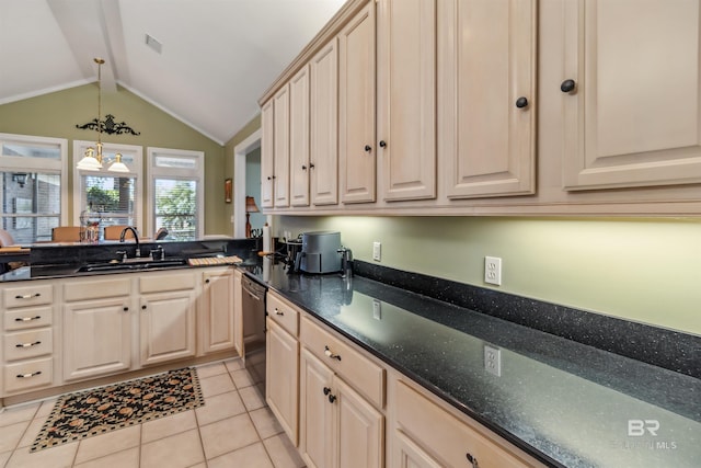 kitchen featuring visible vents, a sink, light tile patterned flooring, dishwasher, and vaulted ceiling with beams