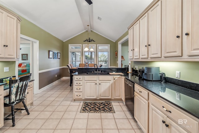 kitchen featuring a peninsula, lofted ceiling with beams, light tile patterned flooring, a sink, and dishwasher