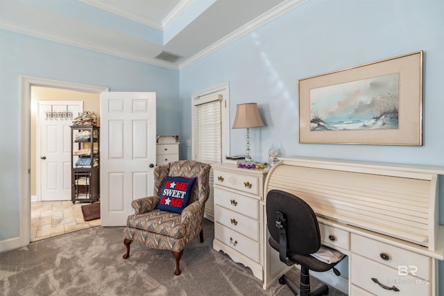 office area featuring baseboards, carpet, visible vents, and ornamental molding