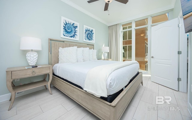 bedroom featuring ornamental molding and ceiling fan