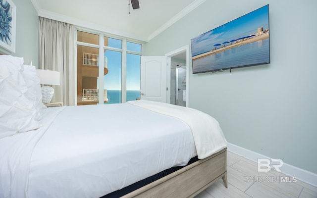 bedroom featuring crown molding and ceiling fan