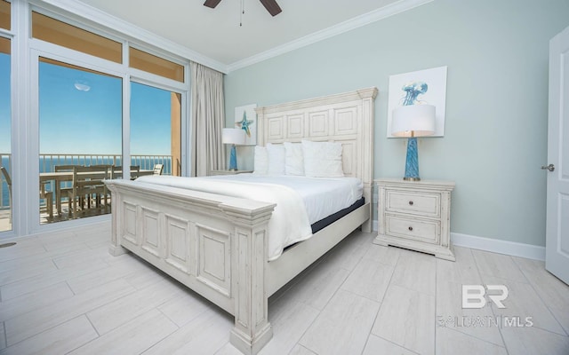 bedroom featuring crown molding, access to exterior, and ceiling fan