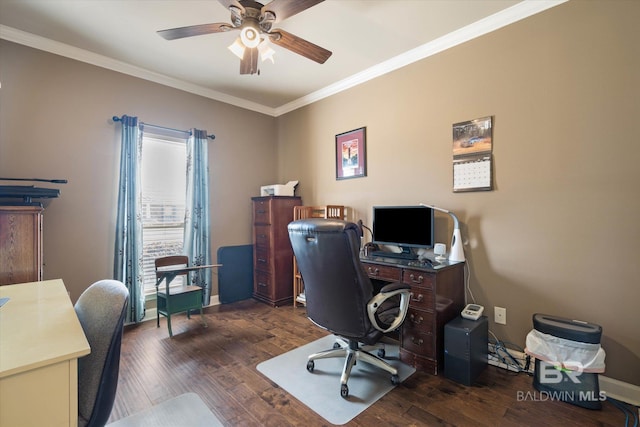 office featuring baseboards, ceiling fan, ornamental molding, and wood finished floors