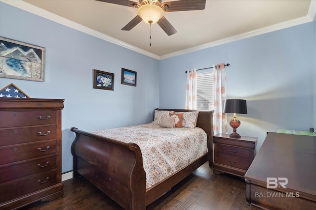 bedroom with crown molding, a ceiling fan, and dark wood finished floors