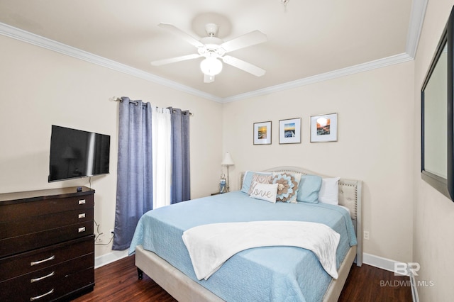 bedroom featuring ceiling fan, crown molding, and dark wood-type flooring