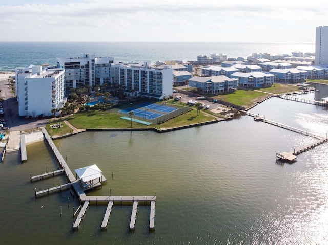 aerial view featuring a water view