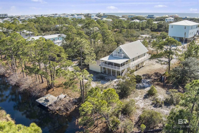 drone / aerial view featuring a water view