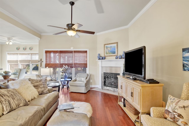 living room featuring ornamental molding, ceiling fan, and dark wood-type flooring