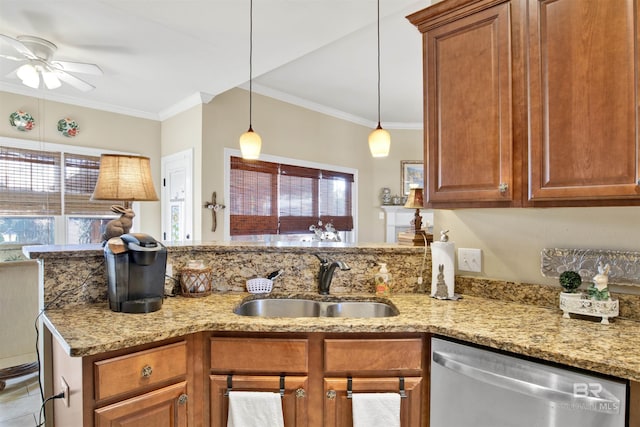 kitchen with light stone countertops, ceiling fan, sink, stainless steel dishwasher, and ornamental molding