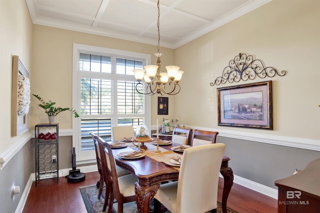 dining space with dark wood-type flooring, coffered ceiling, and an inviting chandelier