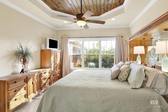 bedroom featuring a raised ceiling, crown molding, ceiling fan, and wooden ceiling