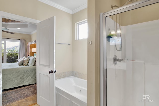 bathroom featuring plus walk in shower and ornamental molding