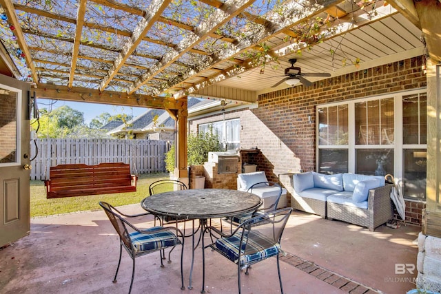 view of patio / terrace with a pergola, outdoor lounge area, and ceiling fan