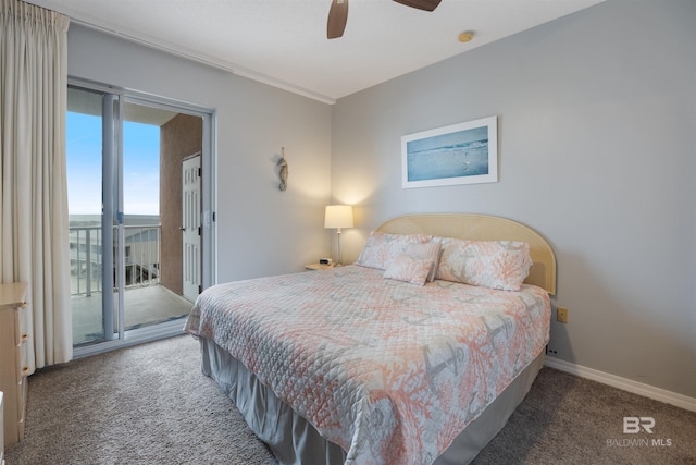 carpeted bedroom featuring access to exterior and ceiling fan