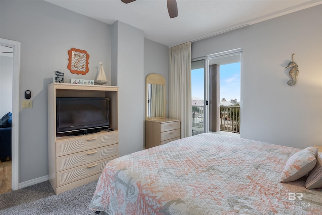 bedroom with access to outside, ceiling fan, and carpet