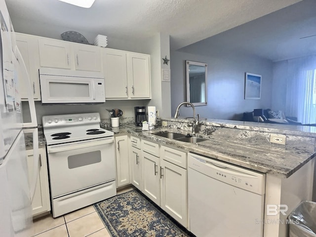 kitchen featuring white cabinetry, sink, light tile patterned floors, kitchen peninsula, and white appliances