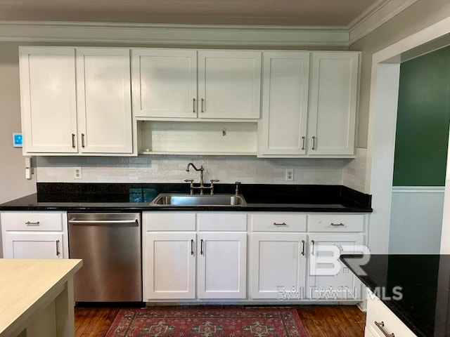 kitchen with dark hardwood / wood-style floors, white cabinetry, sink, and dishwasher