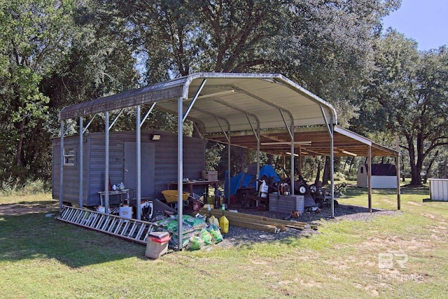 exterior space featuring a yard and a storage unit