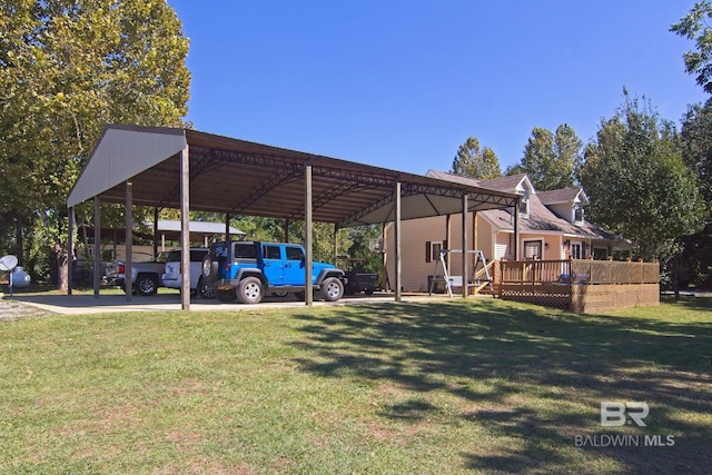 view of parking with a yard and a carport