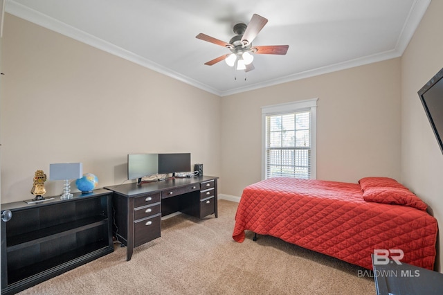 bedroom with ornamental molding, light colored carpet, baseboards, and a ceiling fan