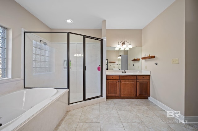 bathroom with a shower stall, vanity, a whirlpool tub, baseboards, and tile patterned floors