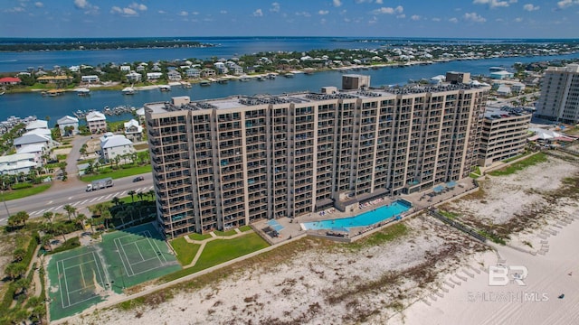 drone / aerial view with a water view