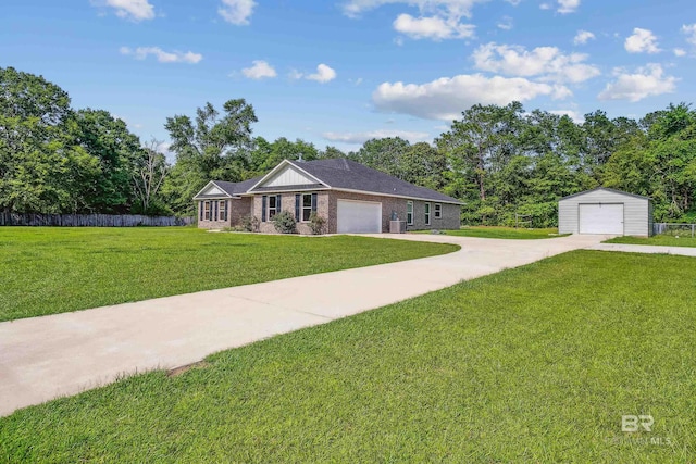 single story home featuring central air condition unit, a front yard, and a garage