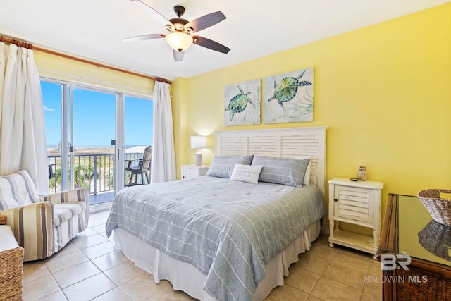 bedroom featuring ceiling fan, light tile patterned floors, and access to exterior