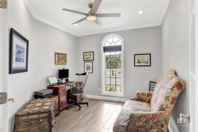 office with ceiling fan, ornamental molding, and light hardwood / wood-style floors