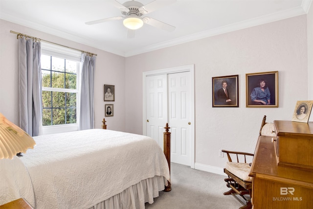 carpeted bedroom with crown molding, ceiling fan, and a closet